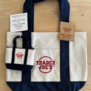 NWT Navy Trader Joe's Mini Canvas Tote Bag and Micro Tote w Grocery Bag
